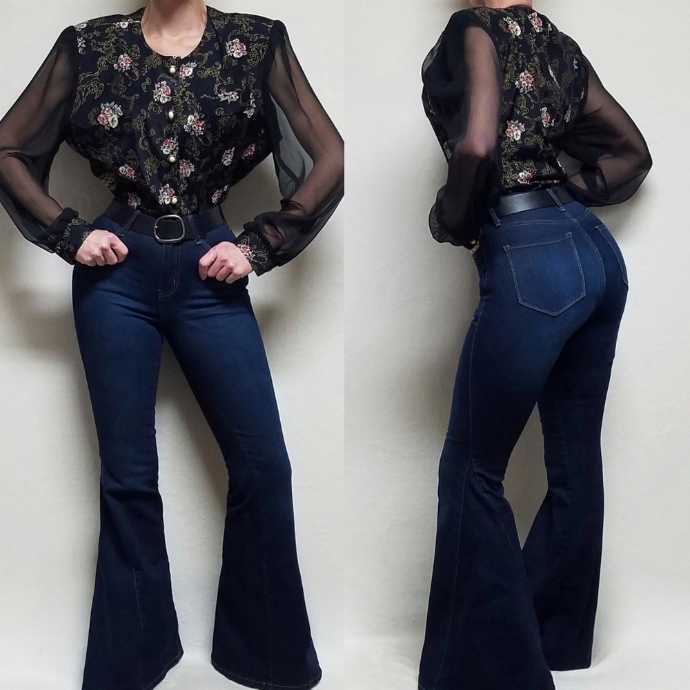Vintage 70s Tina Barrie Sheer Black Sheer Poet Sleeve Floral Wide Shoulder Top